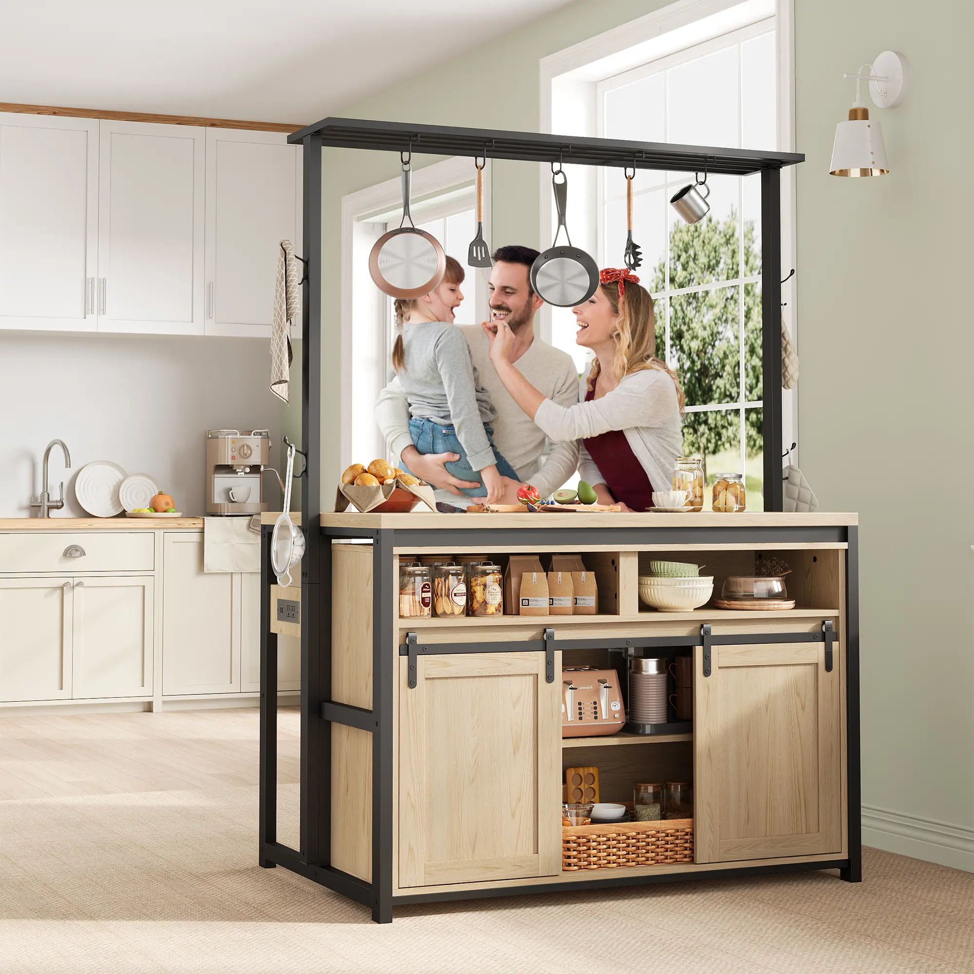 Garvee Large Wooden Kitchen Island Table – Sliding Barn Door, 3-Tier Storage Shelves, Coffee Bar, Heavy Duty Bakers Rack with Charging Station & Hooks – Multi-Functional Kitchen Furniture