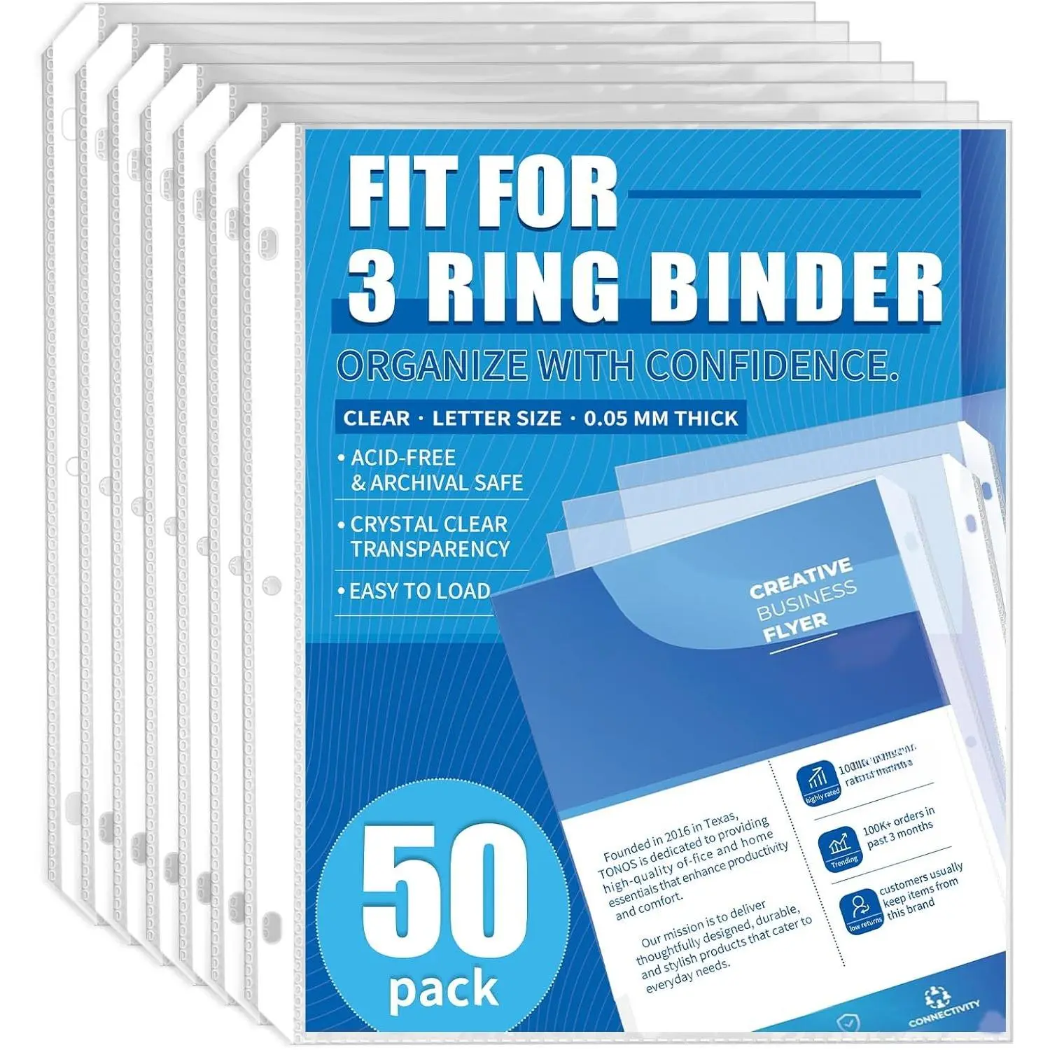 50 Pack Sheet Protectors for 3 Ring Binder - Clear Page Protectors & Plastic Sleeves for Paper 8.5x11 Inch, Binder Sleeves and Paper Protector Sheet for Document, Letter Size, Top Loading