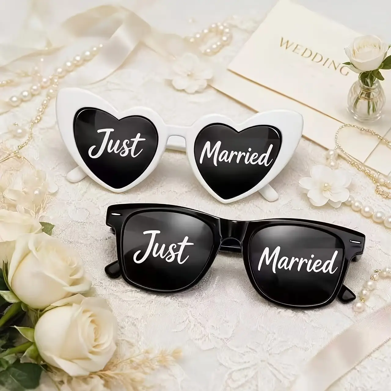 2 Piece Wedding Party Glasses Set, Heart & Square Frame 'just Married' Glasses, Fun Wedding Props, Honeymoon Travel Accessories