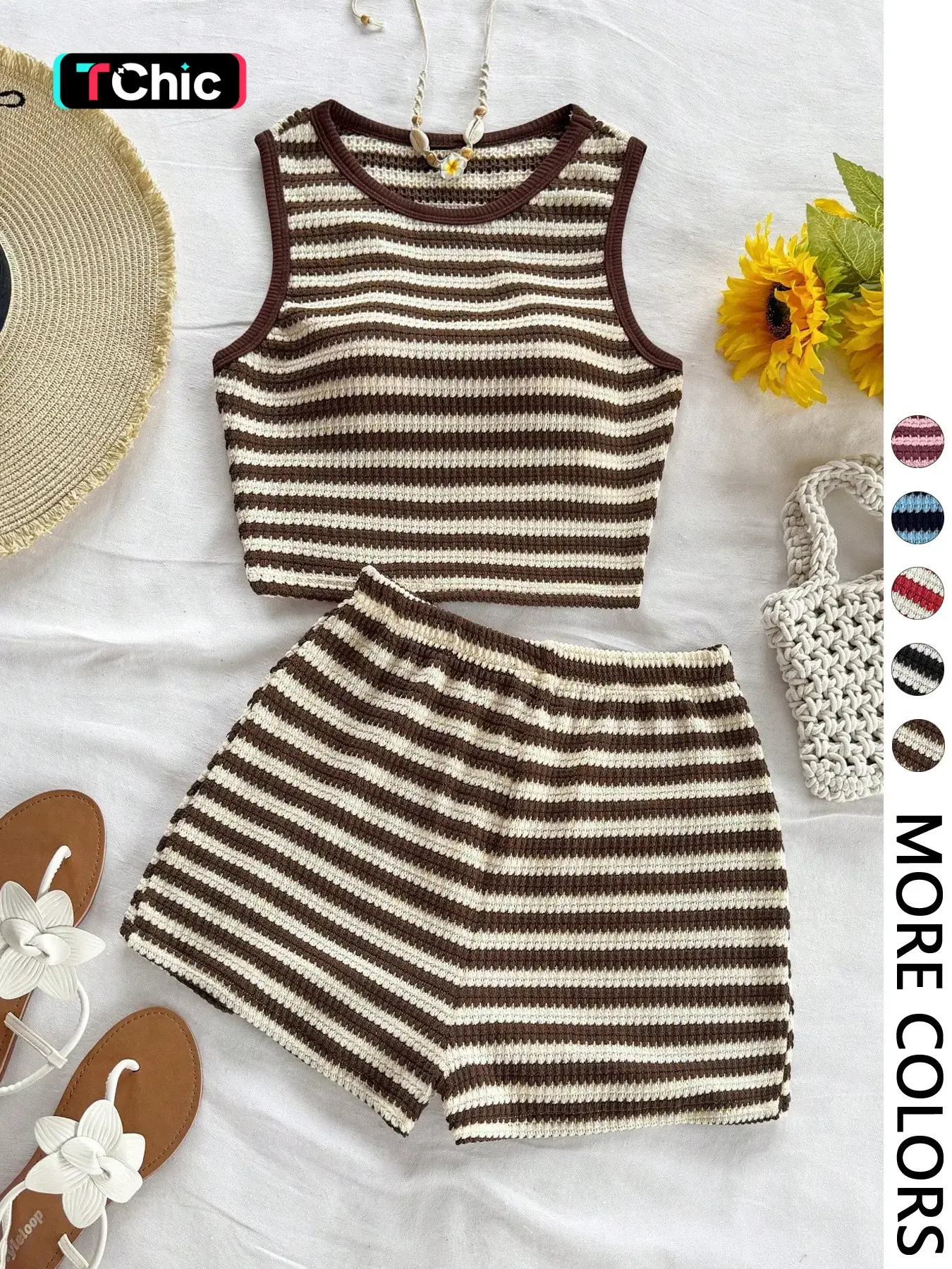 Women's Casual Knitted Striped Backless Short Sleeve Top with Elastic Waist Shorts, Perfect for Vacation Wear, Matching 2 Piece Casual Chic Set, Co Ord Set, Clothes