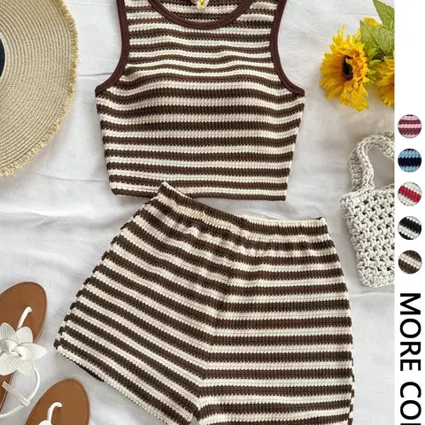 Women's Casual Knitted Striped Backless Short Sleeve Top with Elastic Waist Shorts, Perfect for Vacation Wear, Matching 2 Piece Casual Chic Set, Clothes, Summer Outfit Set