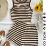 Women's Casual Knitted Striped Backless Short Sleeve Top with Elastic Waist Shorts, Perfect for Vacation Wear, Matching 2 Piece Casual Chic Set, Clothes, Summer Outfit Set