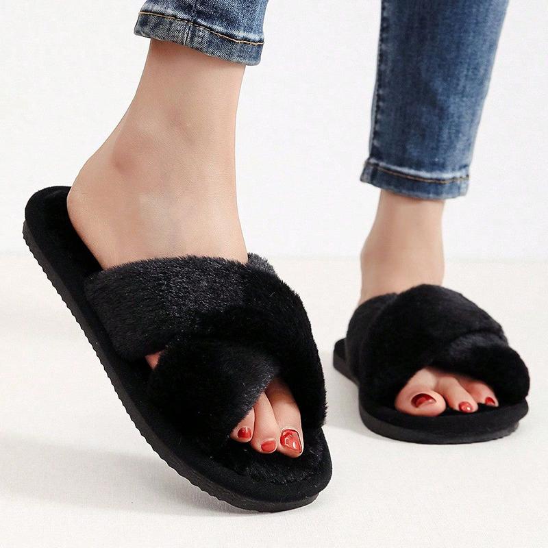 Autumn Winter Fluffy Fur Slippers Women Lightweight Cross Band Plush Slides Woman 2026 Open Toe Flats Fuzzy Home Slippers Female