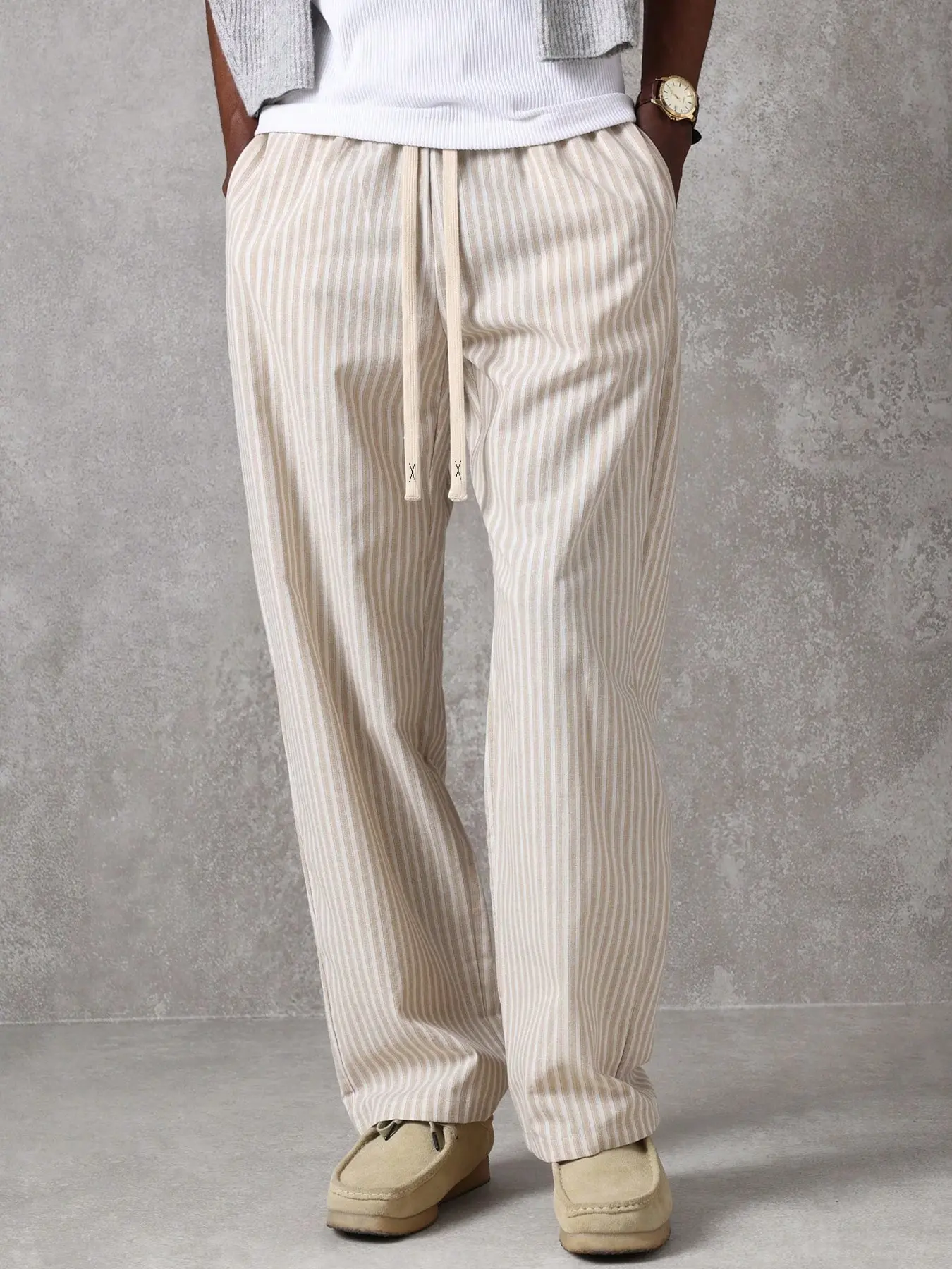 Men's Striped Linen Wide Leg Pants, Casual Drawstring Waist Loose Fit Baggy Long Pants, Ideal for Daily Wear, Vacation, Street Style