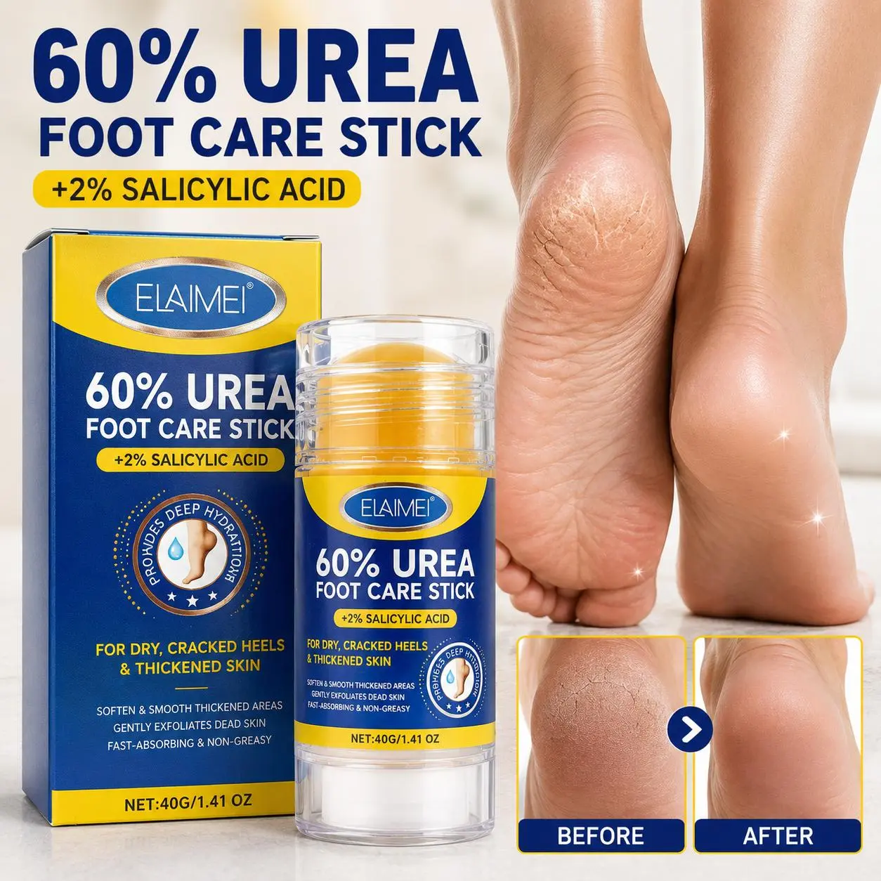 60% Urea Foot Care Stick with 2% Salicylic Acid, Dry Cracked Heel Moisturizer Balm for Rough Skin, Deep Hydrating Foot Cream Stick, Smooth Soft Feet Care, Portable Non-Greasy Foot Care