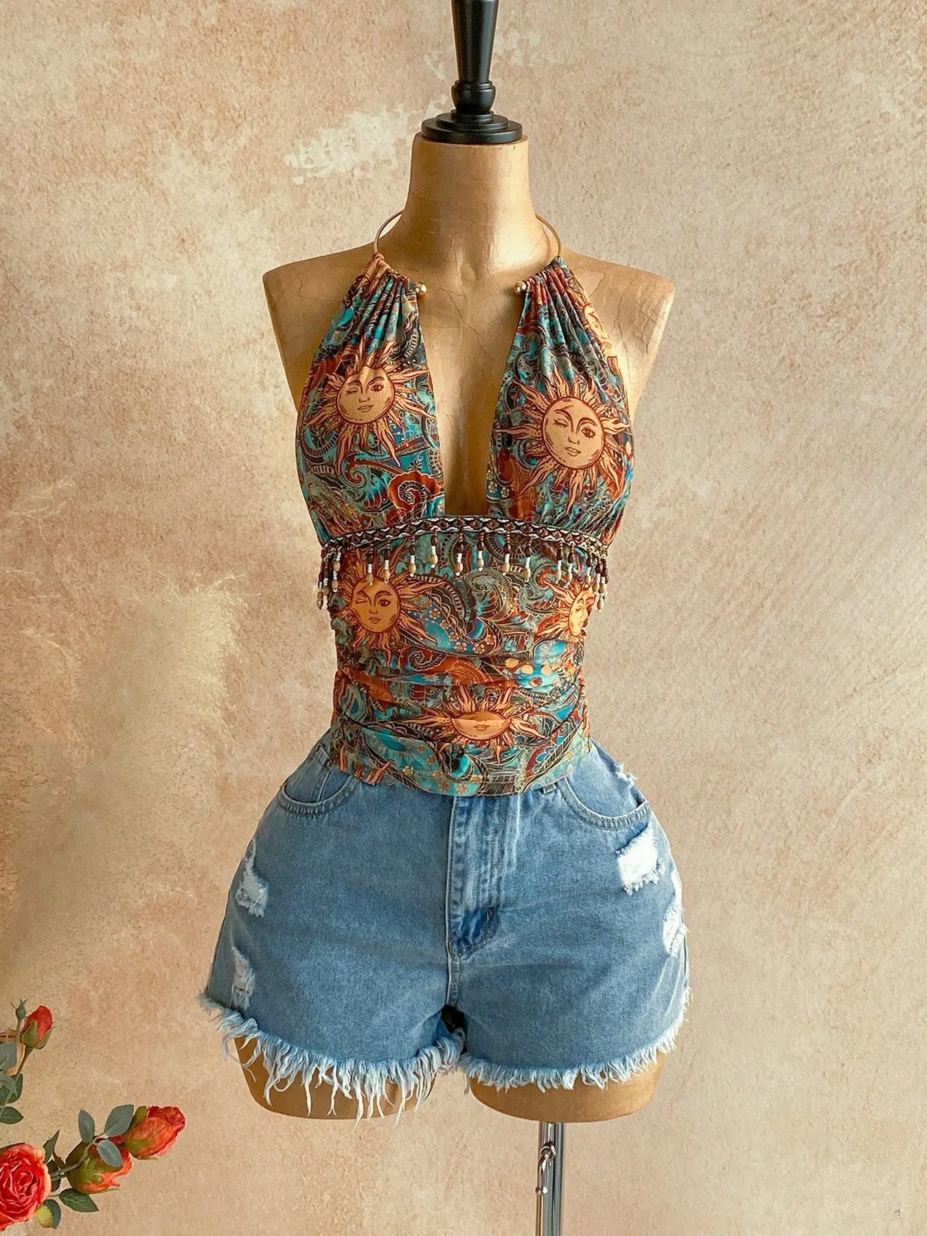 Summer Festival Style Sun Print Casual Halter Top, Beaded Neckline Decoration, Sleeveless Tank Top, Ethnic Pattern, Slim-Fitting, Unlined, Casual Fashion Sleeveless