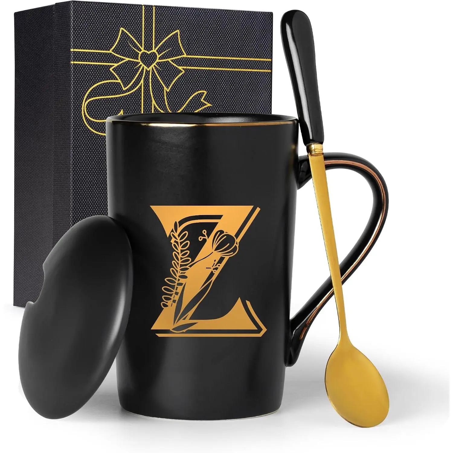 Letter V Personalized Initial Mugs with Flower, Letter V Personalized Coffee Mug, Customized Cool Letters Mugs for Women, Bridal Shower Gifts, Women's Initials Gifts Mug 14 OZ Matte Black