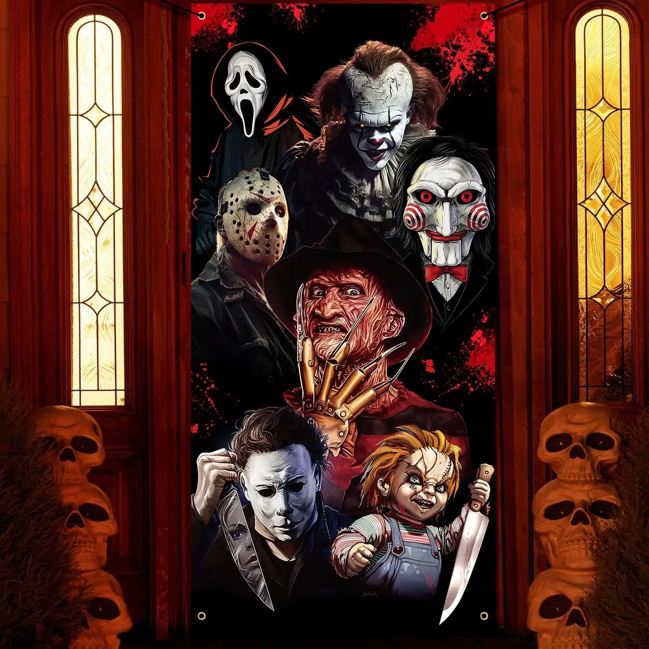 Halloween Scary Door Cover - Classic  Movie Character Banner for Party Photo Background - Creepy  Decorations for Front Door, Indoor Porch Decor