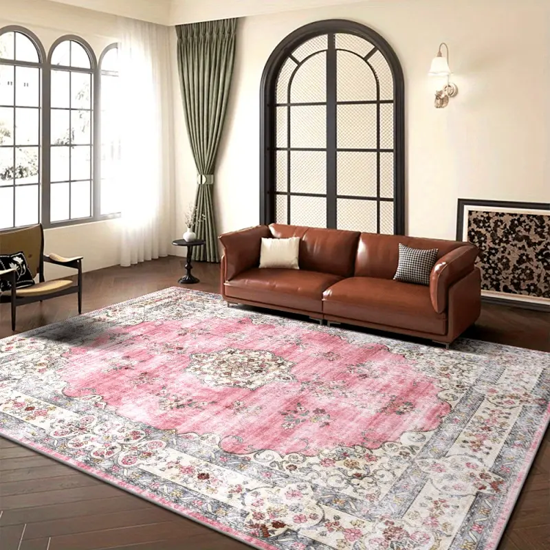 Velvet Area Rug, Soft Pink & Cream Distressed Persian Medallion Non-Slip Washable Carpet for Living Room Bedroom Nursery