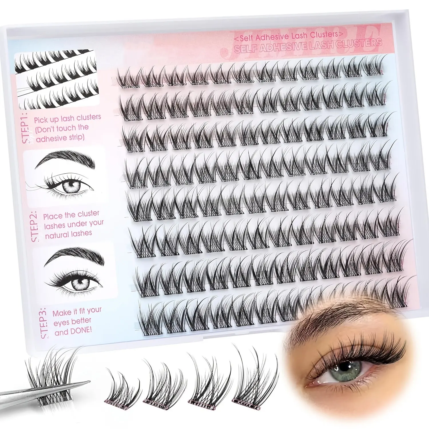 Self-Adhesive False Lashes, Voluminous Lightweight Lash Clusters, No Glue Needed, Pre-Stuck Lashes 8-14mm, Easy Application, 96 Pieces, DIY Volume Eyelashes