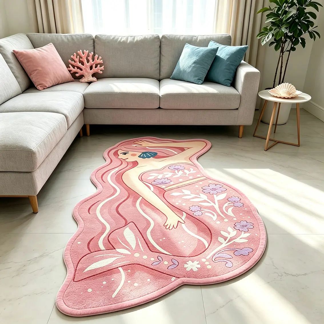 Peach pink flower mermaid shaped long carpet, soft and skin friendly plush material, living room coffee table, non slip foot pad, suitable for cream, gentle/fresh ocean home decoration