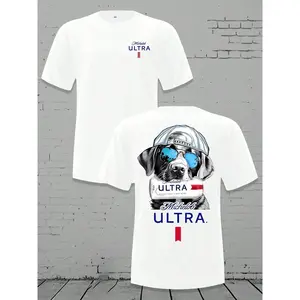 Michelob Ultra Cool Dog Men's Loose Fit T-Shirt, 180g Soft Cotton Short Sleeve Crewneck Tee, Casual Graphic Shirt with Sunglasses & Cap Design, Everyday Comfort Top  Vintage  Retro  Y2k
