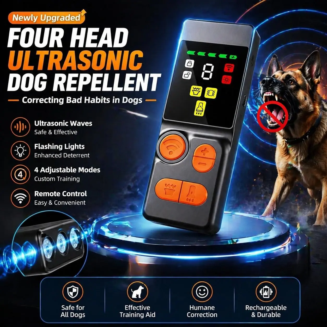 Upgrade 4-Head Ultrasonic Dog Repeller & Training Device, 9-Level Frequency (23-41kHz) Adjustable, 2000mAh Rechargeable with LED Flashlight, 45Ft Safe Range, Effective Anti-Barking/Biting/Digging Tool for Outdoor Jogging & Walking