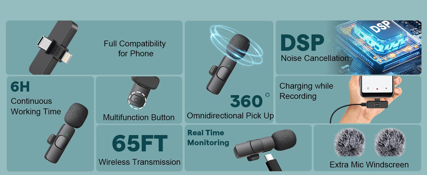SQ-KBK002 Professional Wireless Mini Microphone for iPhone, iPad, Android Phone - Bluetooth Lavalier Lapel Mic for Video Recording - Clip on USB C Microphones for YouTube Tiktok Podcast Vlogging