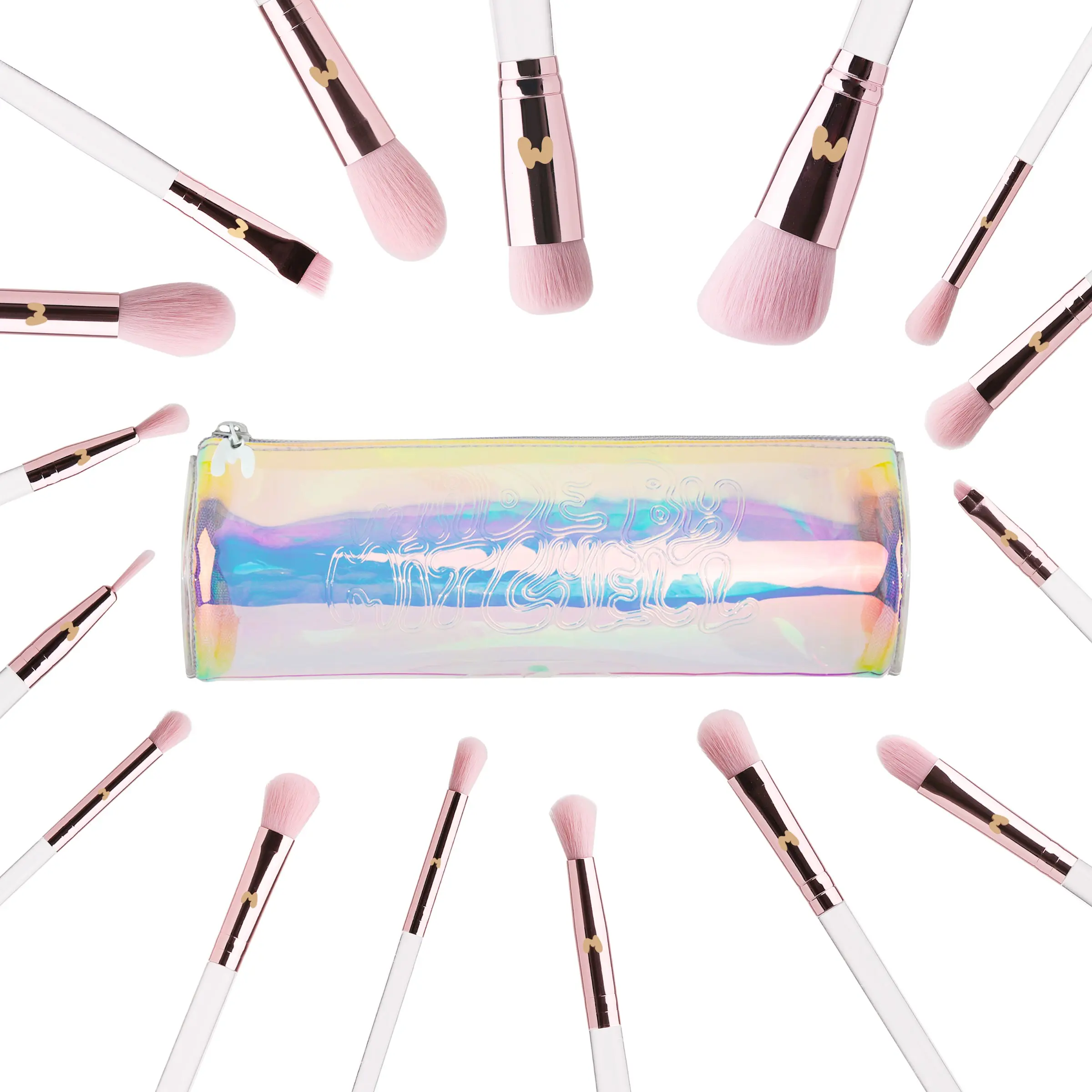 PINK 16 BRUSH SET IN HOLO BARREL BAG - MADE BY MITCHELL, Makeup Brushes Set