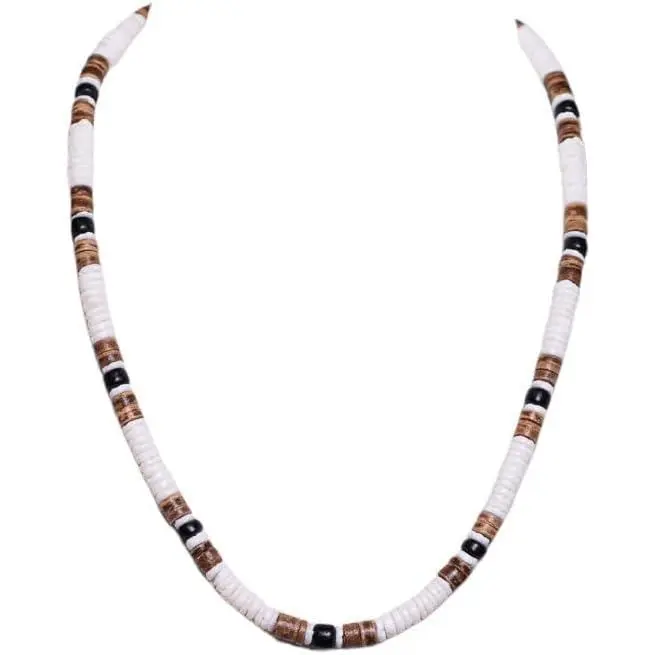 BlueRica Handmade Boho Puka Seashell Necklace - 18" Coconut Shell Beaded Chains, Casual Wear Long Chain, Beachy Tropical Costume Jewelry, Shell Mix Accessory, Puka Shell