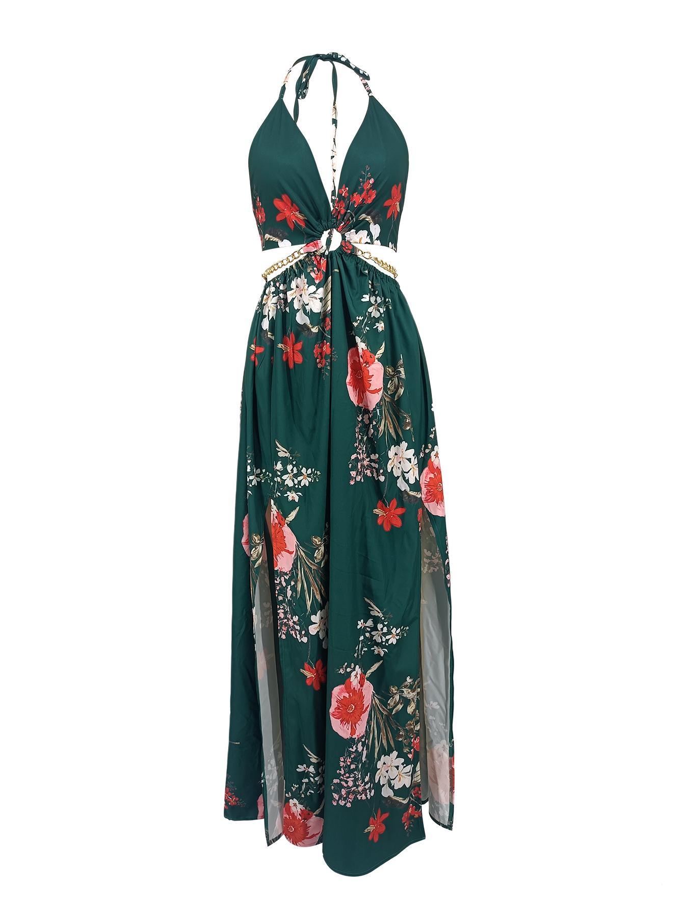 Summer Floral Print Deep V Halter Neck Tie Split Maxi Dress Casual Wear Boho
