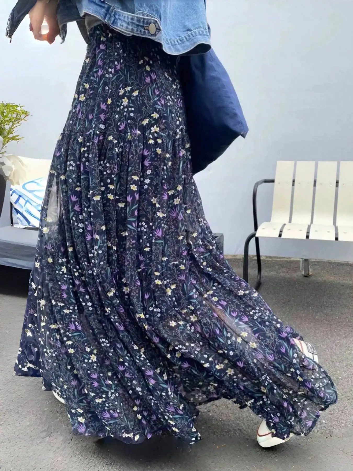 Plus Size Women’s Floral Chiffon Lightweight Maxi Skirt Bottoms, High Waisted A-Line Flowy Long Skirt with Relaxed Fit for Vacation, Beach, Casual Daily Wear and Boho Outfits