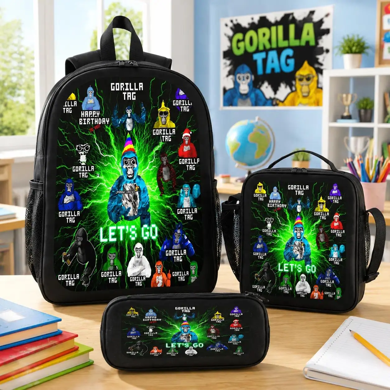 Gorilla Tag 3PCS Backpack Set with Lunch Bag Pencil Case Gaming Style School Backpack Lightweight Travel Daypack Bookbag for Boys Girls Teens Gamer Fans Back to School Gift Trendy Cartoon Backpack Bundle TikTok Viral Backpack Set