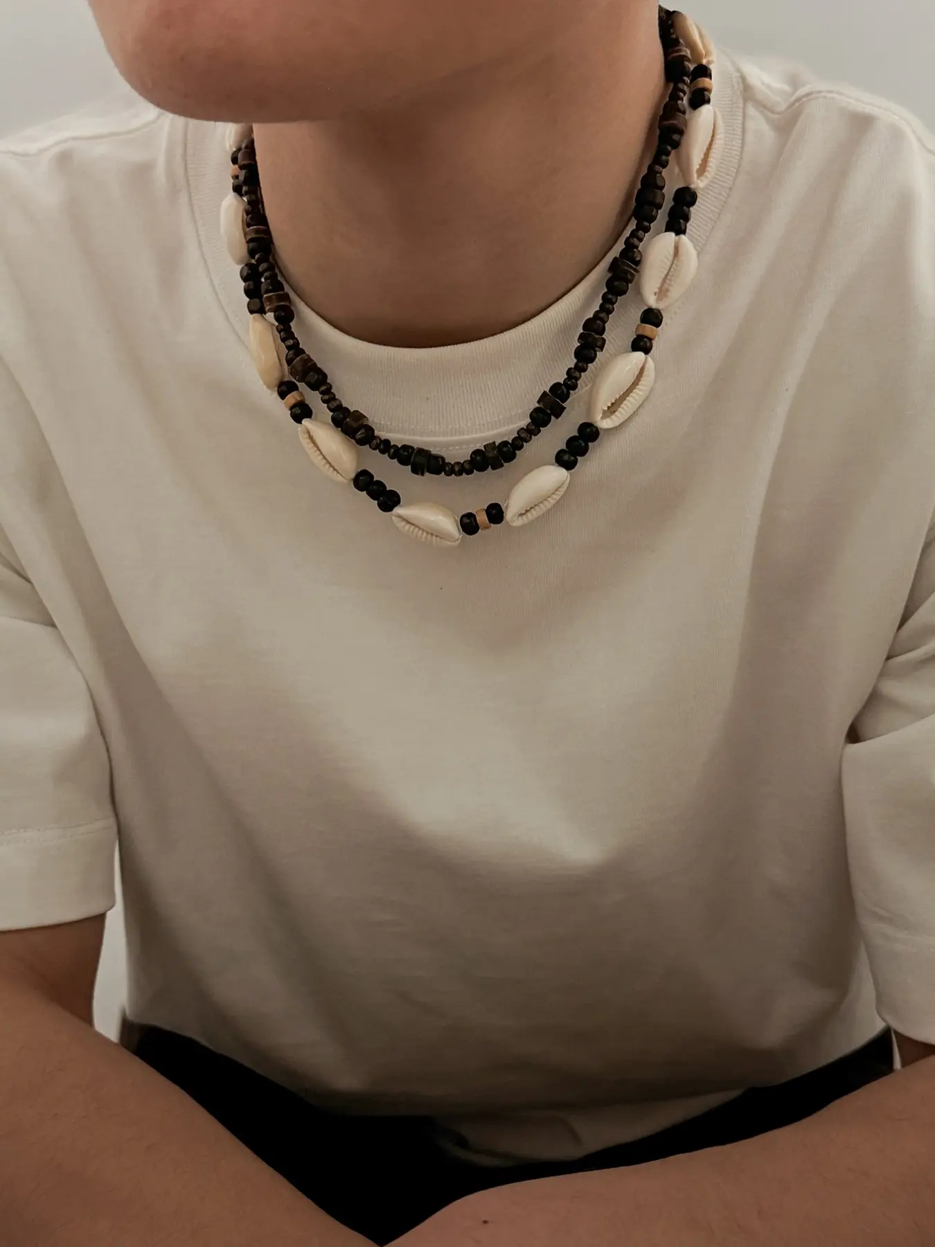 2-Piece Japanese Retro Wooden Shell Necklace Set, Boho Style Jewelry, Solid Wood Bead & Shell Patch, Versatile for Camping Beach Commute, Unique Men's Gift