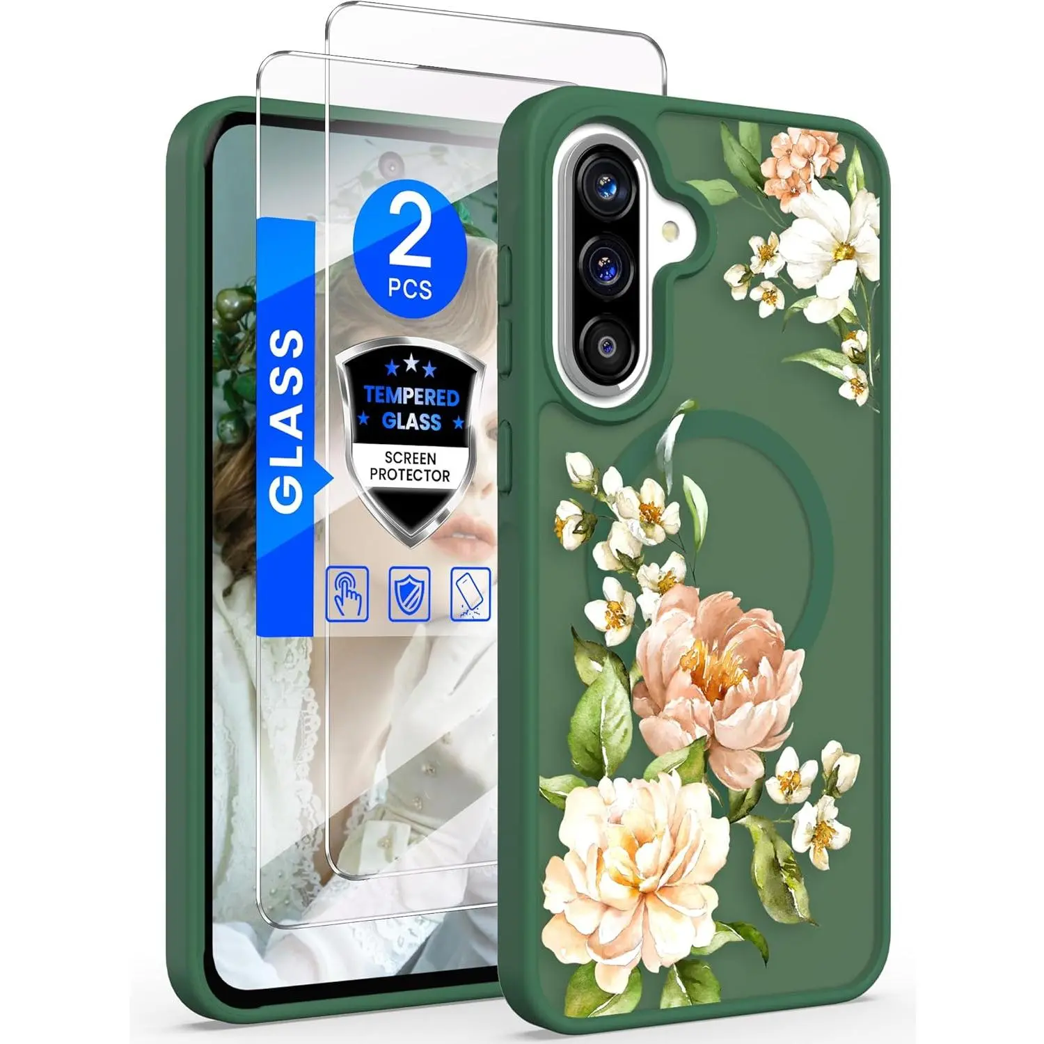 Yucenx Military Grade Magnetic Translucent Matte Flower Pattern Smartphone Casing for Samsung Galaxy A37, with Tempered Glass Screen Protector, Women's Cellphone Protection Accessories (Midnight Green)