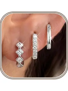3pcs/6pcs Silvery Hoop Earrings for Women Trendy Dainty Cubic Zirconia Stud Earrings Set Huggie Hoop Earrings Stack for Multiple Piercing Jewelry