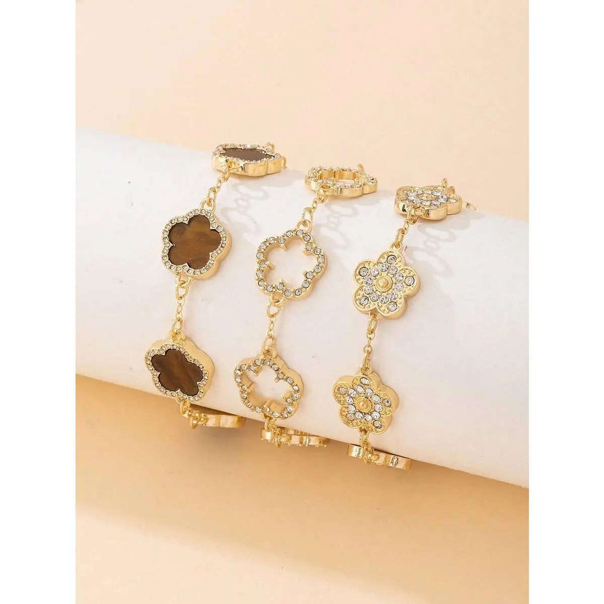 Women's 3-Piece Luxury High-End Lucky Sweet Crystal Brown Hollow Gold Clover Stacking Charm Bracelet Set - Versatile Everyday Jewelry, Party Wear for Gifting (Festive & Party Supplies)