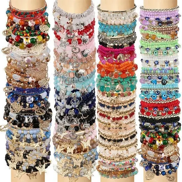 24Pcs Bohemian Beaded Bracelet Set for Women & Multilayer Stackable Stretch Elastic Bands with Pastel & Vibrant Colors - Layered Bead Jewelry Gift for Beach Festival, Daily, Funky Unique Accessories, Accessories, Pastels Vibrant, Multicolor, Gifts For Gir