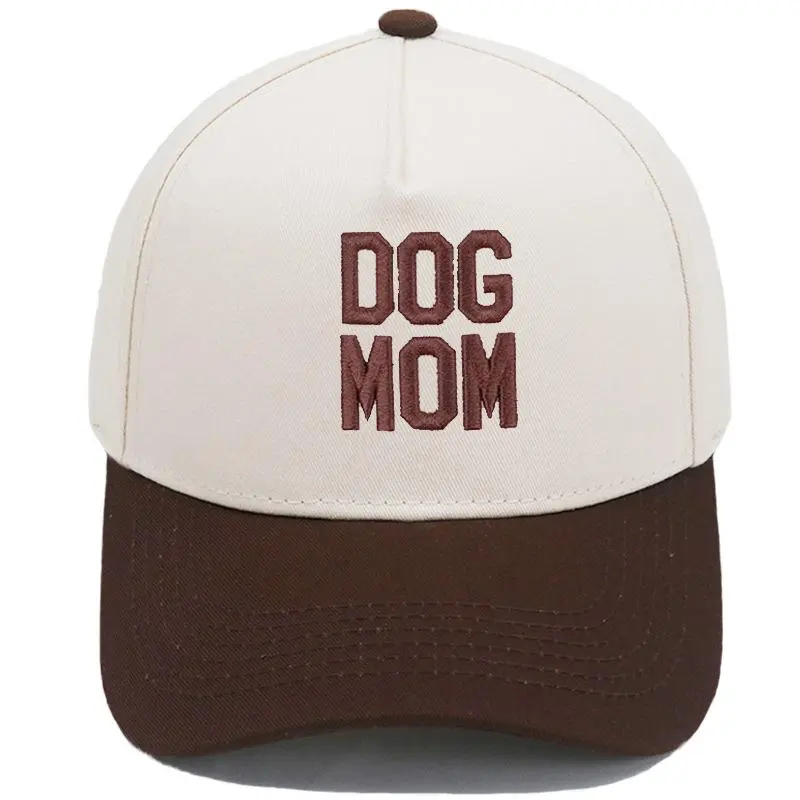 Funny "Dog Mom" Embroidered Hat | Retro Aesthetic Chocolate Brown Two-Tone Snapback Cap for Women | Trendy Neutral Pet Lover Statement Baseball Cap