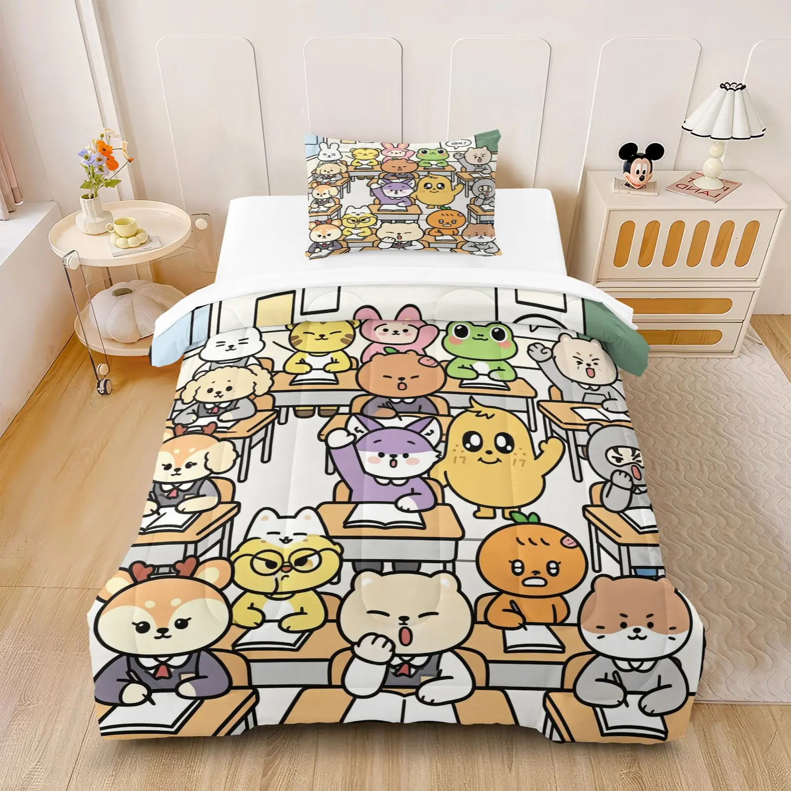 2/3Pcs Cute Cartoon Animal Characters Comforter Set, Soft Warm All Season, Box Stitching Hypoallergenic, Multi-scene Prints Complete Bedding for Cozy Bedrooms (With Filling, No Pillowcases)