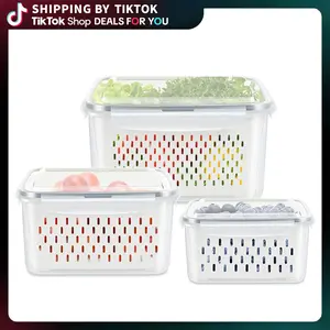 4-in-1 Re-sealable Fruit & Vegetable Storage Boxes for Fridge with Drain Colanders - Refrigerator Organizer for Lettuce, Berries, Produce Saver, Re-Sealable Storage Boxes