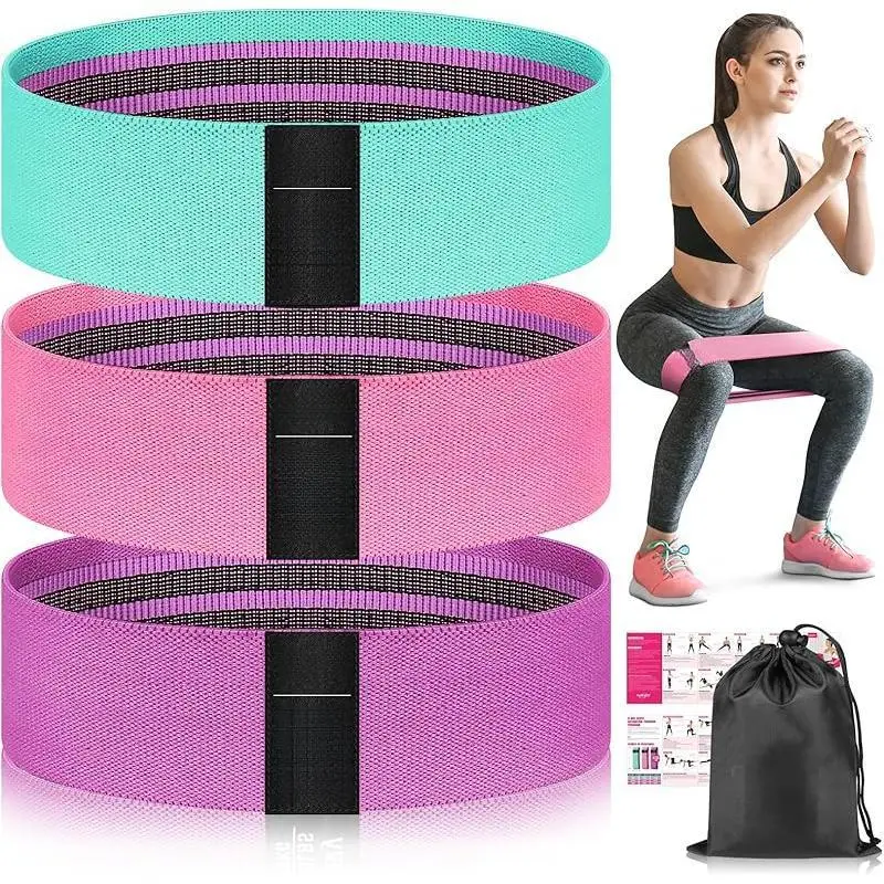 Women's Non-Slip Durable Fabric Resistance Band - 3 Multi-Level Light-Medium-Hard Strength Training Long Bands, Pink & Green, Portable with Instruction Card, for Home Gym Booty BFR Occlusion, Outdoor Workouts, Strength Training Equipment, Multi Functional