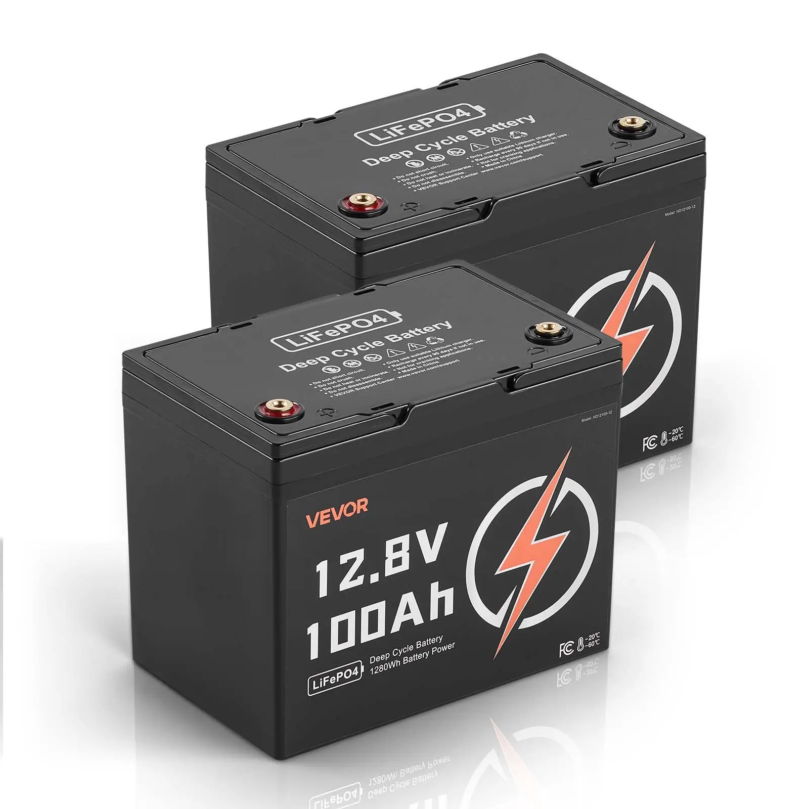 VEVOR 2-Pack 12V 100Ah LiFePO4 Deep Cycle Battery, ABS Shell, Built-in BMS, Low Temp Protection, 15000 Cycles, 10-Year Lifetime, for Solar Off-Grid Home Energy Storage, Ideal for Solar Users