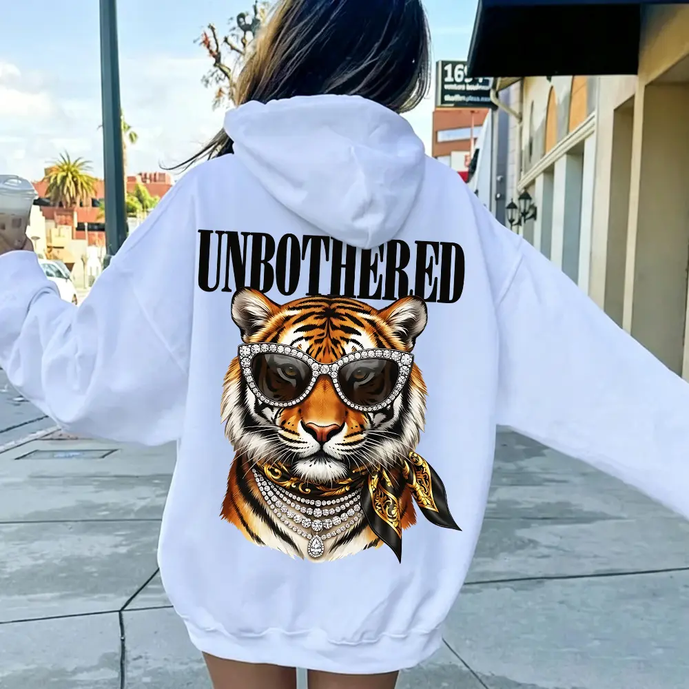 "UNBOTHERED" Cool Tiger Back Graphic Hoodie | Trendy Aesthetic Oversized Sweatshirt for Men Women, Diamond Sunglasses Y2K Streetwear Pullover Casual Comfy Hooded Top