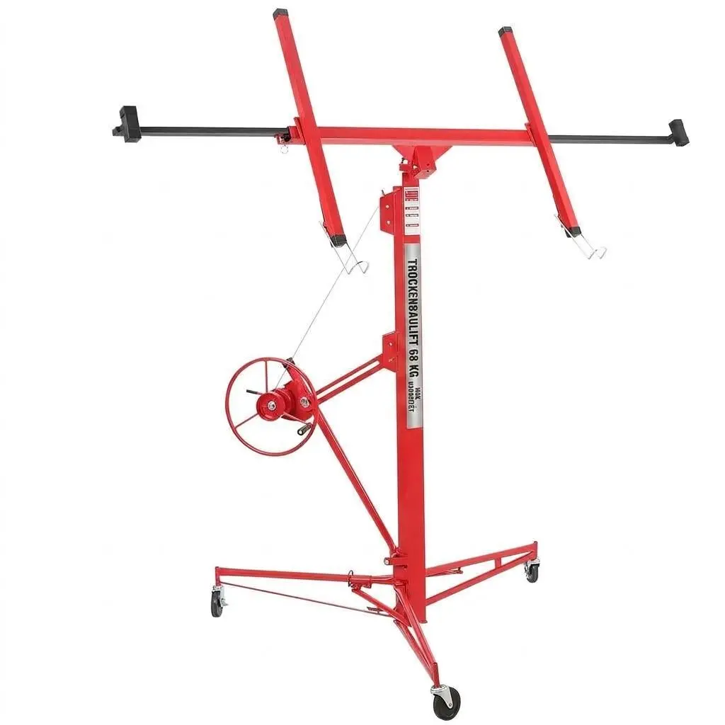 16Ft Drywall Panel Hoist – 150LB Load Capacity Lifting Tool, Steel Material with Telescopic Arm & 3 Lockable Wheels – Fits 48" x 192" Plasterboard