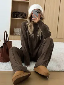 Women's 2 Pcs Sweater Set Turtle Neck Long Sleeve Cable Knit Solid Color Sweater Top and Wide Leg Pants Set, Autumn Winter Casual Loose Fit Daily Home Stylish Comfortable Cozy Loungewear Set, Fall Pants Set for Women, 2 Piece Sweater Set for Women