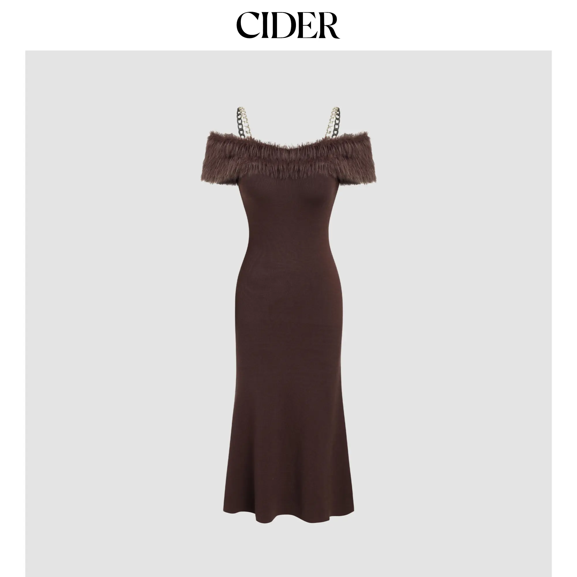 Cider [size 2-26] Knit Off-shoulder Faux Fur Chain Mermaid Midi Dress