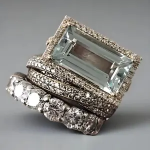 Women's 3-Piece Customized Stackable Rings Set - Beautiful Geometric Creative Large Rectangular Luxury Costume Fashion Jewelry Rings
