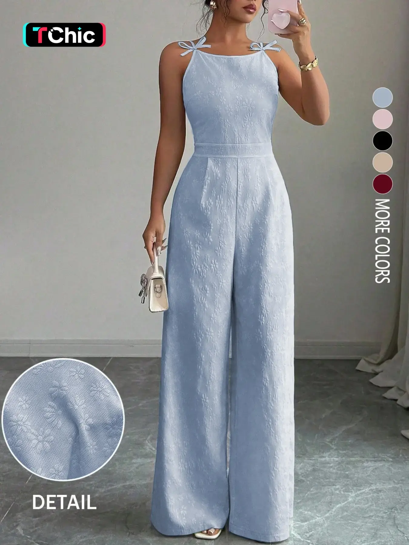 Women's Bowknot & Daisy Jacquard Fabric Waist Cinched Wide Leg Jumpsuit, High Waist, Elegant Chic For Daily Commute