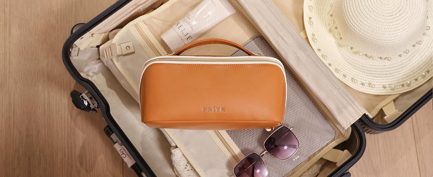 Prite Makeup Bag for Women Travel Waterproof Vegan Leather Cosmetic Bag Open Flat Toiletry Bag With Clear Divider and Handle (Beige)