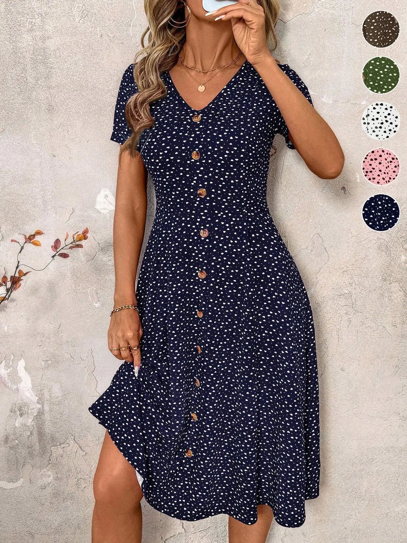 Ladies' polka dot print dress, V-neck short sleeve design, A-line maxi skirt, wooden button decoration, French retro style, gentle and elegant, suitable for various occasions.