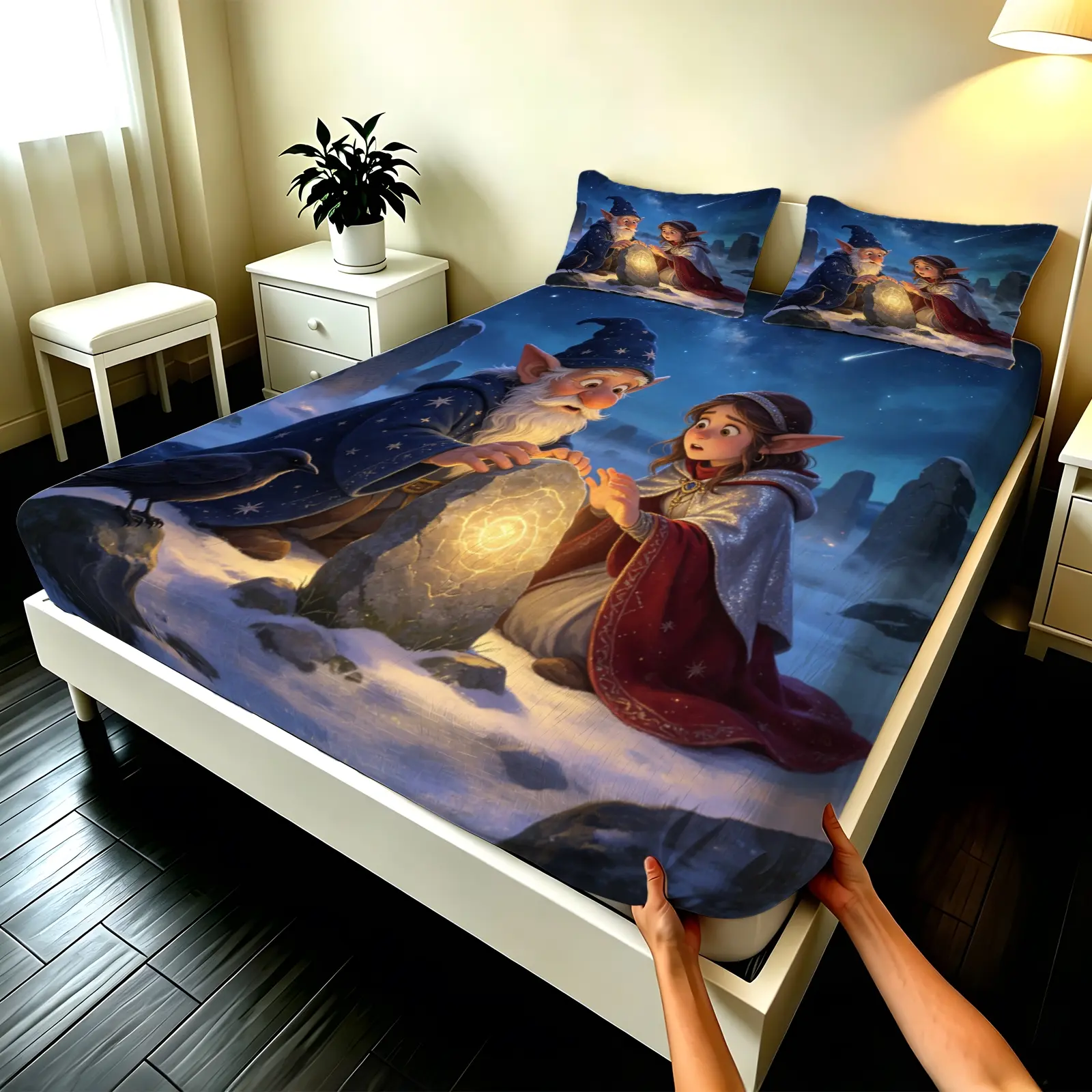 3pcs Fitted sheet Wizard and Elf Fantasy Night Sky Printed Ultra Soft Microfiber Bedding Set, Wrinkle Resistant Fade Proof Breathable Machine Washable All Season Cozy Bed Cover Set for Twin Full Queen King Size Bedroom Home