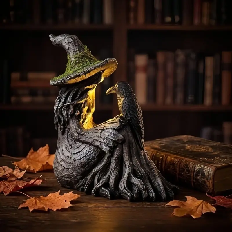1pc New Light Up Witch and Crow Figurine, Halloween Witch Raven Desktop Decoration, Unique Horror Theme Ornament, Perfect for Festive Decorations