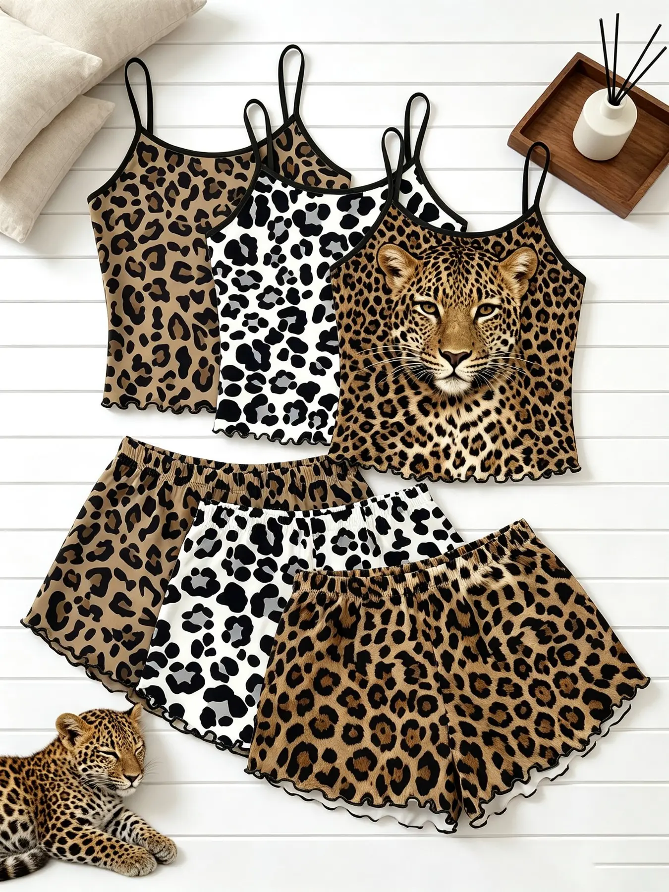 Women's Sleepwear 6 Pack Value Matching Set Leopard Cheetah Animal Print Summer Spaghetti Strap Lettuce Ruffle Hem Contrast Trim Soft Breathable Lightweight Stretchy Cami Top Shorts Home Lounge Casual Daily Wear Multipack Sleep Set Loungewear