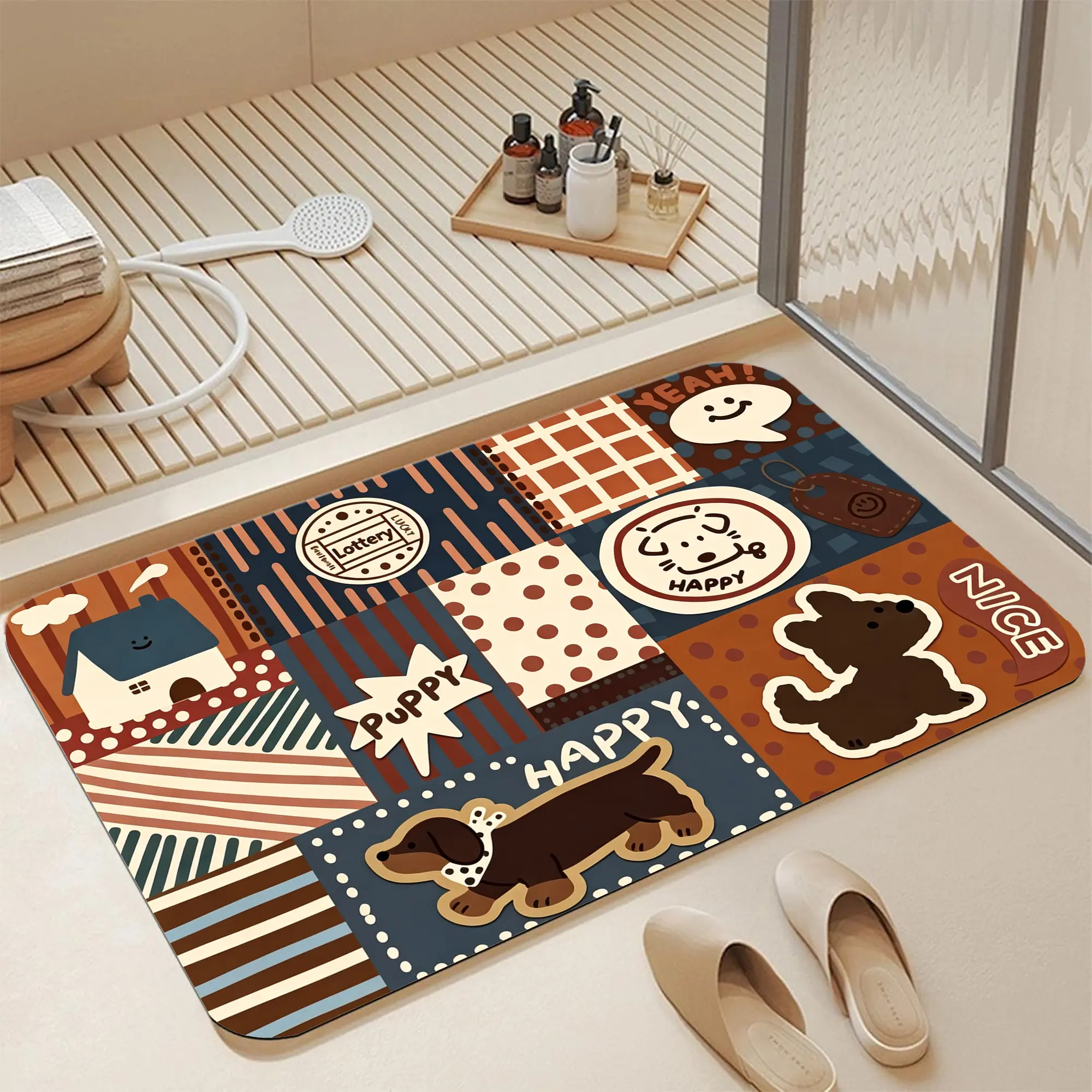 16*24" Cute Dachshund Puppy Retro Patchwork Collage Diatomite Bath Mat |   Quick Dry Non Slip Warm Earth Tone Dog House Sticker Mosaic Print Diatomaceous Earth Bath Mat Fast Water Absorbent Playful Pet Themed Entry Shower Rug