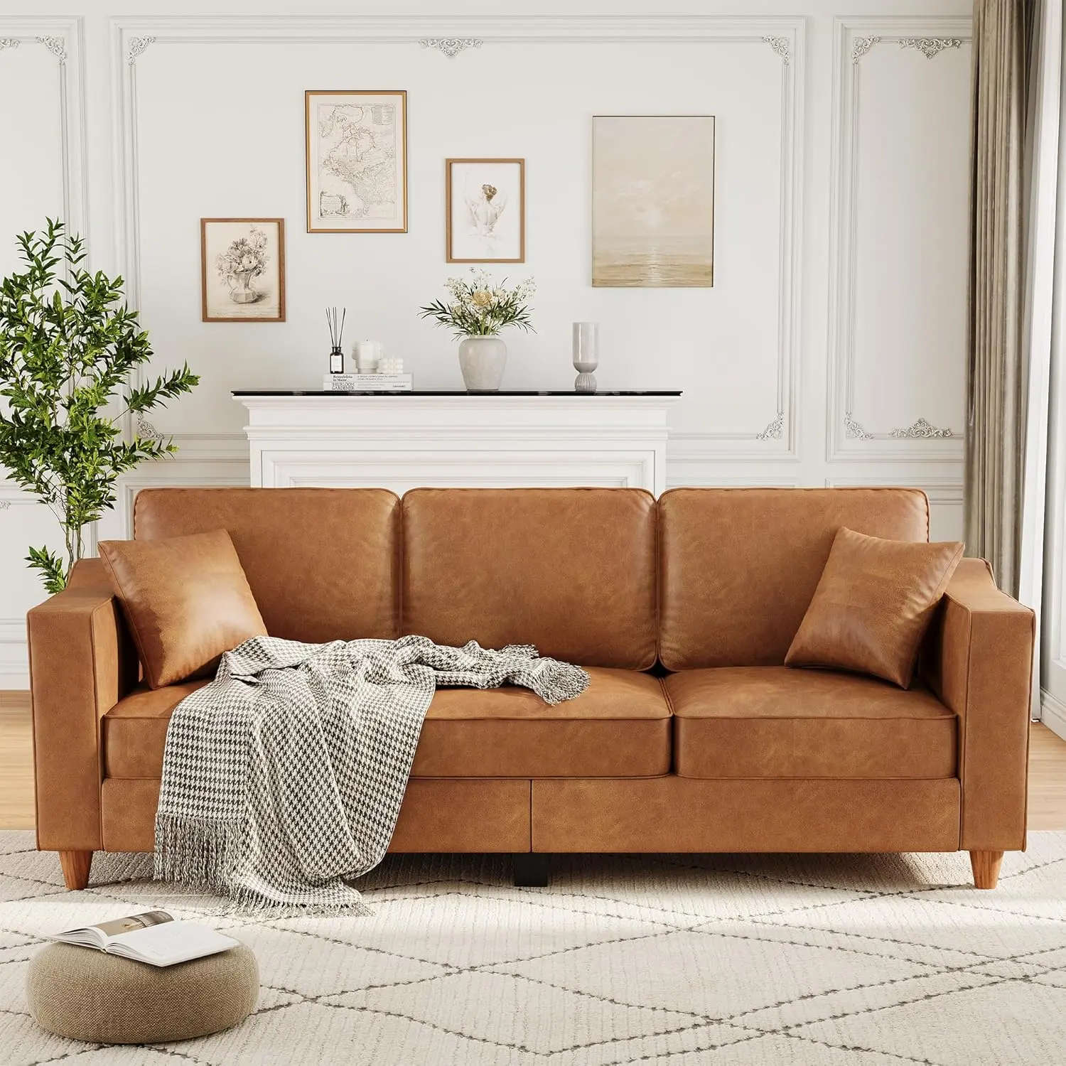 Faux Leather Couch with 2 Throw Pillows, 3 Seater Sofa for Living Room with Wide Armrests, Wood Legs, Deep Seats & Back Cushion, Sturdy Support Feet for Office or Living Room