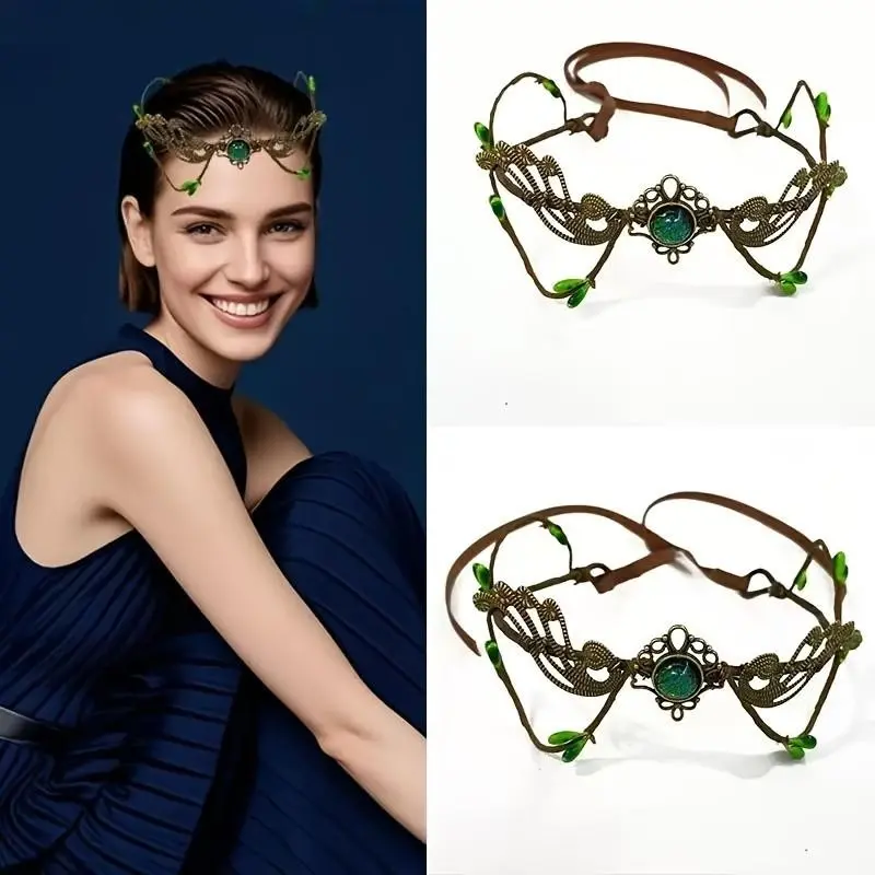 Elven Vine Forehead Circlet Headpiece, Forest Gem Fairy Cosplay Tiara, Adjustable Leather Band, Renaissance Party Headband