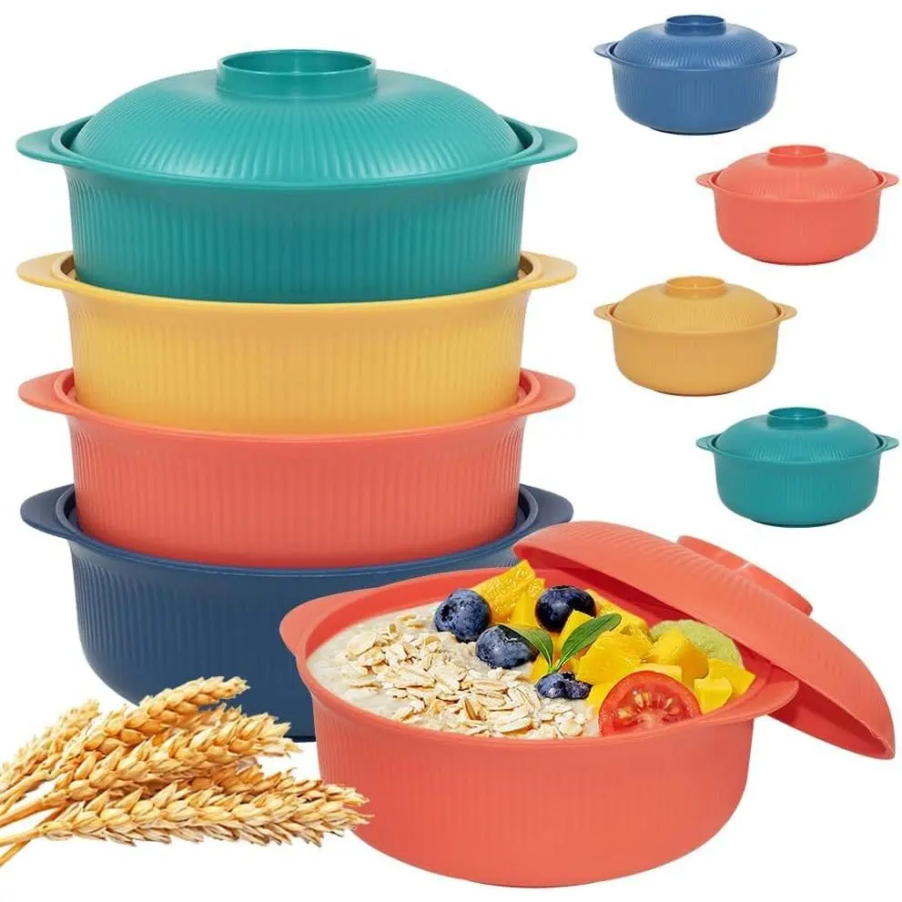 4 count Unbreakable Cereal Bowls- Microwave & Dishwasher Safe  Plastic Striped Pot Bowls for Family, , Camping - Non-Slip, Eco Wheat Straw Soup Bowls (40oz)