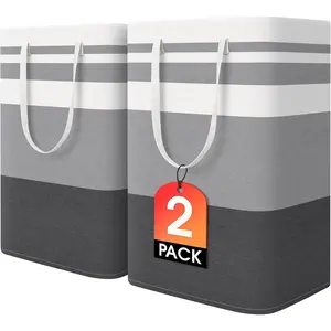 H2 Pack Large Laundry Baskets, Waterproof, Freestanding Laundry Hampers, Collapsible Clothes Hamper with Reinforced Handles in Laundry Room, College Dorm, Bathroom, Bedroom (Grey, 75Lx2)