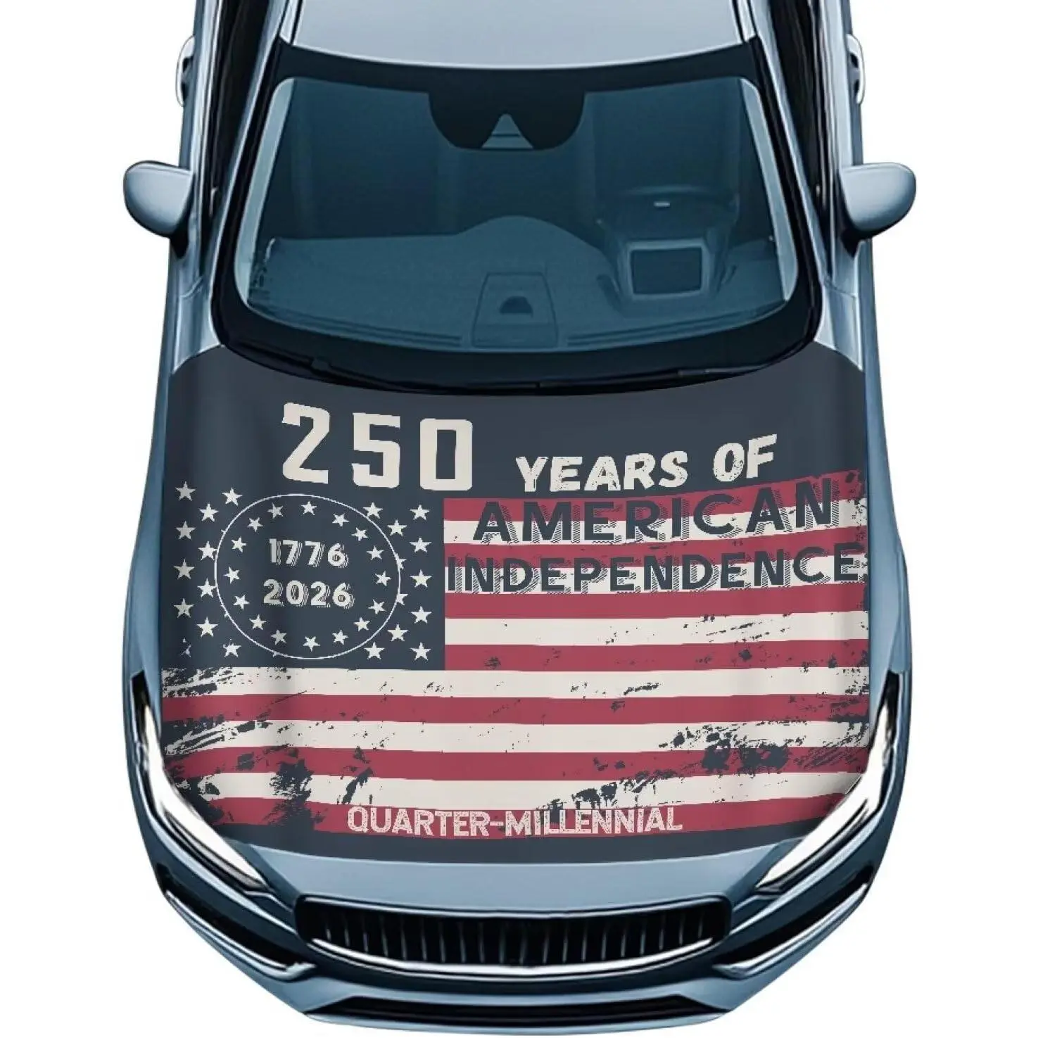 American Flag Car Hood Cover Stretchable 250th Anniversary Auto Bonnet Banner Dustproof Auto Exterior Decor for Independence Day Universal Fit for Cars SUVs Truck Sedan,Easy Install/Remove